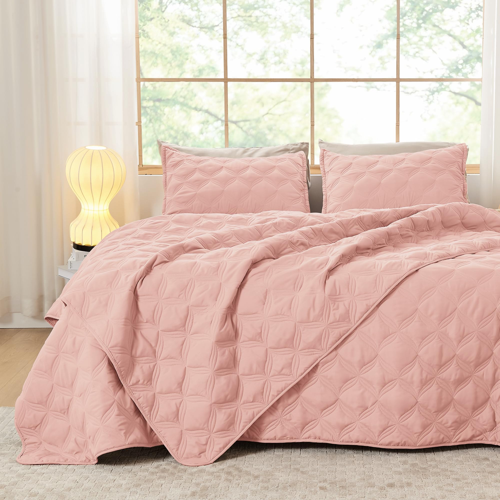 Litanika Oversized King Quilt Bedding Set,120X120Inch Super King Blush Pink Comforter Bedspreads Lightweight Bed Coverlets Boho